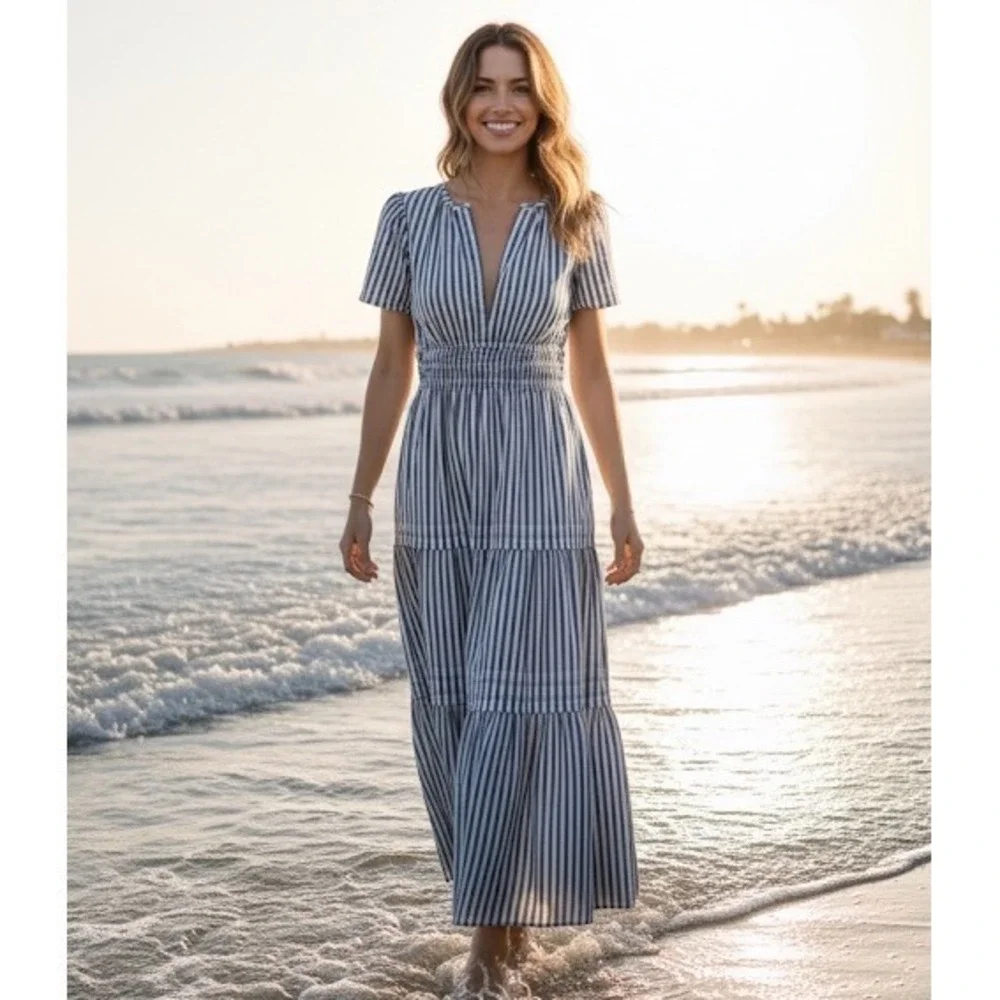Quince Organic Cotton Tiered Maxi Dress‎ Navy White Stripe Smocked Resortwear M - Picture 15 of 17